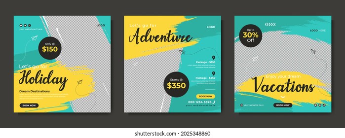 Travel sale social media post template design with abstract graphic background for travelling business marketing. Summer beach holiday tour online service promotion flyer, web banner or poster.