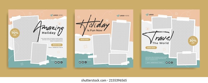 Travel Sale Social Media Post Template. Summer Beach Holiday Promotion Flyer With Agency Logo And Icon. Traveling Business Marketing Poster. Travelling Web Banner With Abstract Digital Background.
