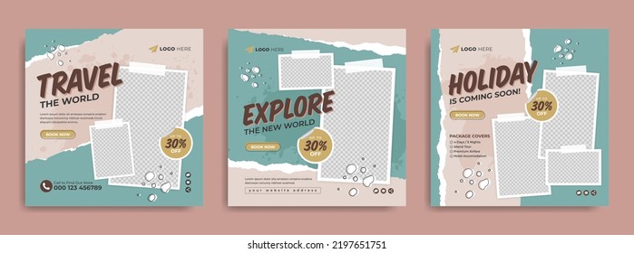 Travel sale social media post template. Travelling business marketing web banner or flyer with paint brush stroke background. Summer holiday tour, beach vacation and tourism online promotion poster.