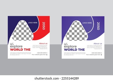 Travel Sale Social Media Post Template, Web Banner for Tour Agency Offer Promotion. Tourism or Summer Holiday Tour Online Marketing Square Flyer, Post or Poster