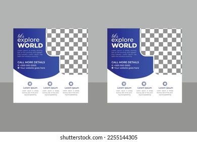 Travel Sale Social Media Post Template, Web Banner for Tour Agency Offer Promotion. Tourism or Summer Holiday Tour Online Marketing Square Flyer, Post or Poster