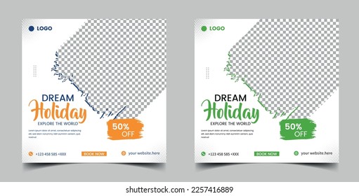  travel sale social media post template. travelling agency business offer promotion. Holiday and tour advertisement banner design