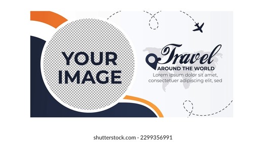 Travel sale social media post template. Summer beach holiday promotion flyer with agency logo and icon. Traveling business marketing poster. Travelling web banner with abstract digital background.