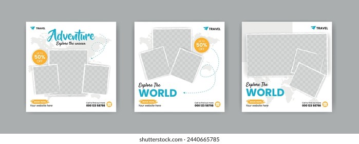 travel sale social media post template. travelling agency business offer promotion. Holiday and tour advertisement banner design