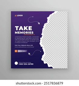 Travel sale social media post template. Summer beach holiday, traveling agency business offer promotion.
