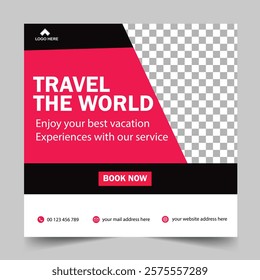 travel sale social media post template. Summer beach holiday, traveling agency business offer promotion. tourism advertisement banner design.