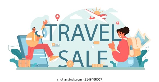 Encabezado tipográfico de venta de viajes. Promoción de empresas de viajes, atracción de nuevos clientes. Campaña de marketing de agencia de turismo, negocios de viajes. Ilustración vectorial plana