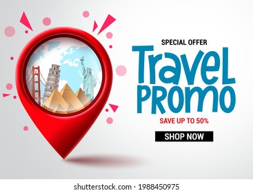 Travel sale vector banner design. Travel promo special offer text with location pin elements for advertising and promotional background. Vector illustration 