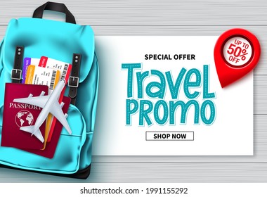 Travel sale vector banner design. Travel promo special offer text with traveler bags, passport and ticket elements for advertising and promotional background. Vector illustration 
