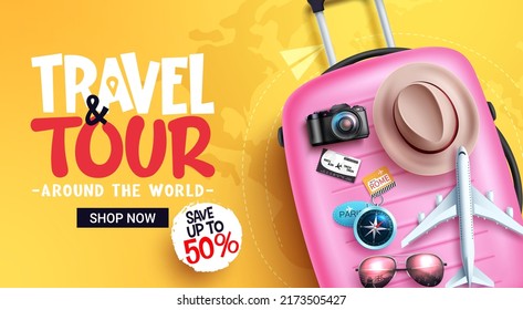 Travel sale vector banner design. Travel and tour text in price discount with luggage travelling element for around the world flight offer sale. Vector illustration.
 - Shutterstock ID 2173505427