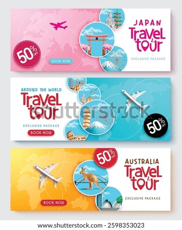 Travel sale vector banner set design. Travel and tour text with package discount promotion for travelling gift check voucher sale. Vector illustration.
