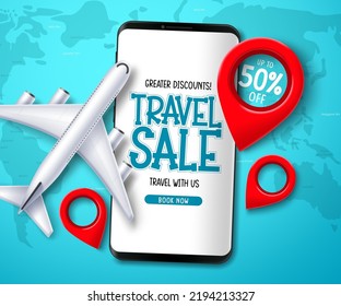 Travel sale vector template design. Travel discount text with mobile app. booking for international tour and trip holiday vacation. Vector Illustration.