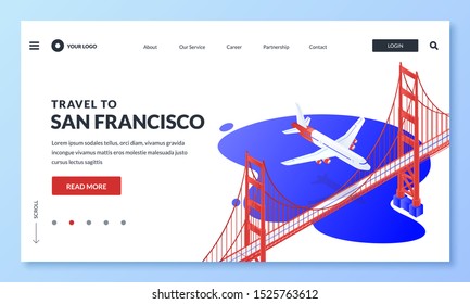 Travel to San Francisco, USA vector 3d isometric illustration. Plane flies over Golden Gate Bridge. Web landing page, banner, poster design. Tourism website, buying and selling flight tickets concept