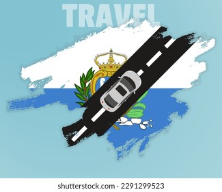 Travel to San Marino by car, going holiday idea, vacation and travel banner concept, car on the road with San Marino flag, international car travel, automobile going on a way, top view