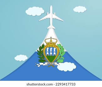 Travel to San Marino by flight, destination concept, vacation in San Marino, plane vector design, paper cut effect with blue sky and airplane, summer trip idea, country tourism banner