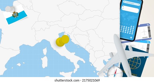 Travel to San Marino concept, map with pin on map of San Marino. Vacation preparation map, flag, passport and tickets. Vector illustration in flat design.