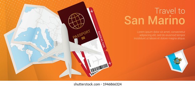 Travel to San Marino pop-under banner. Trip banner with passport, tickets, airplane, boarding pass, map and flag of San Marino. Vector template.