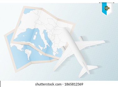Travel to San Marino, top view airplane with map and flag of San Marino. Travel and tourism banner design.