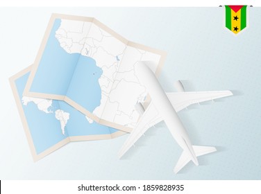 Travel to Sao Tome and Principe, top view airplane with map and flag of Sao Tome and Principe. Travel and tourism banner design.