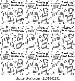 Travel to Saudi Arabia doodle seamless pattern vector design. Camel. Ka'bah, Flag are identic icons with Saudi Arabia