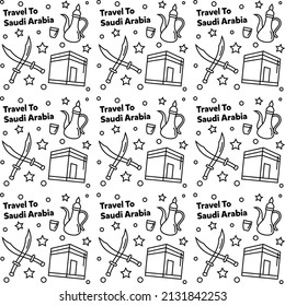 Travel to Saudi Arabia doodle seamless pattern vector design. Camel. Ka'bah, Flag are identic icons with Saudi Arabia