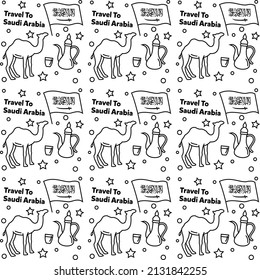 Travel to Saudi Arabia doodle seamless pattern vector design. Camel. Ka'bah, Flag are identic icons with Saudi Arabia