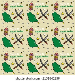 Travel to Saudi Arabia doodle seamless pattern vector design. Camel. Ka'bah, Flag are identic icons with Saudi Arabia