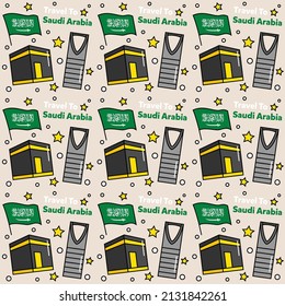 Travel to Saudi Arabia doodle seamless pattern vector design. Camel. Ka'bah, Flag are identic icons with Saudi Arabia