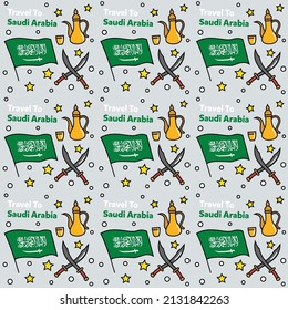 Travel to Saudi Arabia doodle seamless pattern vector design. Camel. Ka'bah, Flag are identic icons with Saudi Arabia