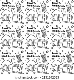 Travel to Saudi Arabia doodle seamless pattern vector design. Camel. Ka'bah, Flag are identic icons with Saudi Arabia