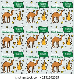 Travel to Saudi Arabia doodle seamless pattern vector design. Camel. Ka'bah, Flag are identic icons with Saudi Arabia