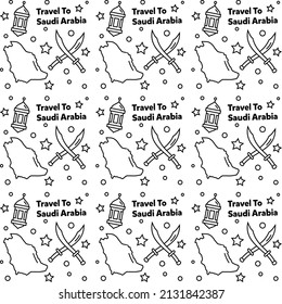 Travel to Saudi Arabia doodle seamless pattern vector design. Camel. Ka'bah, Flag are identic icons with Saudi Arabia