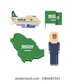 Travel to Saudi Arabia icons set, national flag and map, woman in national arabic dress. Isolated vector pixel art 80s style illustration. 8-bit. Design sticker, logo, app.