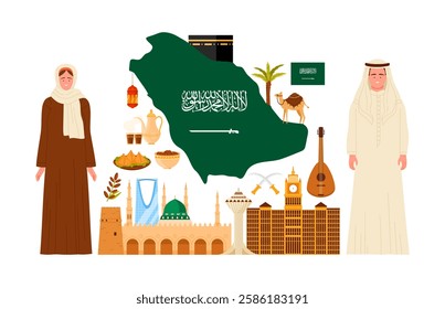 Travel to Saudi Arabia infographic poster collage with Arab culture elements, Saudi man and woman in traditional dresses, old landmarks and food, buildings of cityscape cartoon vector illustration