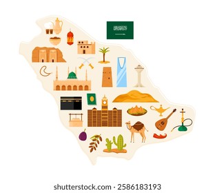 Travel to Saudi Arabia infographic poster collage on stylized infographic map. Traditional culture elements and food, historic landmark and Muslim mosque, hookah and sword cartoon vector illustration