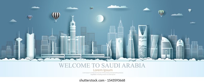 Travel to Saudi Arabia landmark of asia with architecture cityscape background.Travelling asian landmarks with modern building, skyline, skyscraper, Business brochure of Saudi.Vector illustration.