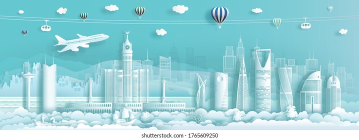 Travel To Saudi Arabia Landmark Middle East Famous City Of Asia On Turquoise Background By Airplane And Gondola, Tourism Panorama Popular City, Tour Landmarks Modern Architecture, Vector Illustration.