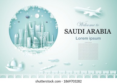 Travel Saudi arabia modern architecture monument with happy new year, Advertising template for travel company Saudi arabia and famous landmarks with paper cut, paper art style vector illustration.