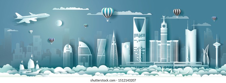 Travel Saudi arabia with modern building, skyline, skyscraper. Business brochure modern design.Travelling to arab landmarks of asian with architecture and cityscape background.Vector illustration