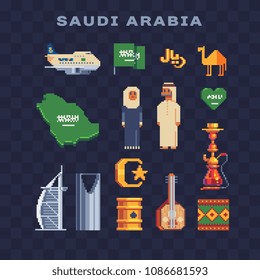 Travel to Saudi Arabia, pixel art 80s style icons, national flag and map, people in traditional arabic dress, ethnic elements culture. Isolated vector illustration. 8-bit. Design sticker, logo, app.