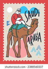 Travel to Saudi Arabia Poster Design, Postage Stamp, Sticker, Banner