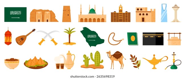 Viajar para o conjunto da Arábia Saudita, elementos da cultura árabe e símbolos islâmicos, patrimônio e arquitetura moderna. Grande mesquita de Meca e torres do relógio, camelo e deserto oásis desenho animado vetor ilustração