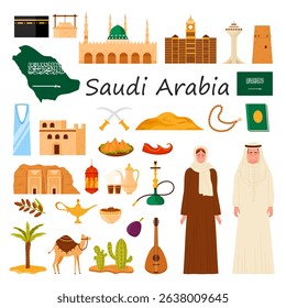 Travel to Saudi Arabia set, infographic poster with stickers of culture elements and landmarks, food and title. Arab man and woman in traditional dress, map and flag cartoon vector illustration