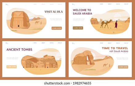 Travel To Saudi Arabia Set Of Website Templates With Desert Landscapes, Al Ula Tombs, Camels And Beduin. Vector Illustration.