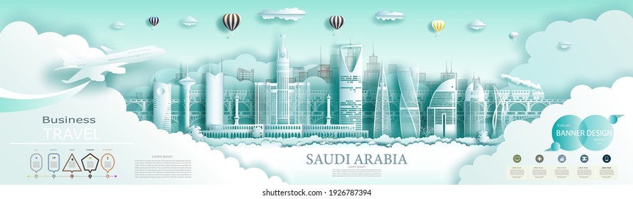 Travel Saudi arabia top world modern skyline and famous city architecture. Modern business brochure design for advertising with infographics.Tour saudi landmark of Asia with popular skyline. Paper art