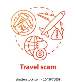 Travel scam concept icon. Journey dangers. Fake tourist tour winning. Financial fraud. Hidden costs in cheap trip idea thin line illustration. Vector isolated outline drawing