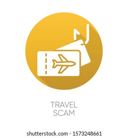 Travel scam yellow flat design long shadow glyph icon. Fake vacation ad. Unrealistic conditions. Free tickets trick. Financial fraud. Cybercrime. Fraudulent scheme. Vector silhouette illustration