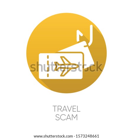 Travel scam yellow flat design long shadow glyph icon. Fake vacation ad. Unrealistic conditions. Free tickets trick. Financial fraud. Cybercrime. Fraudulent scheme. Vector silhouette illustration