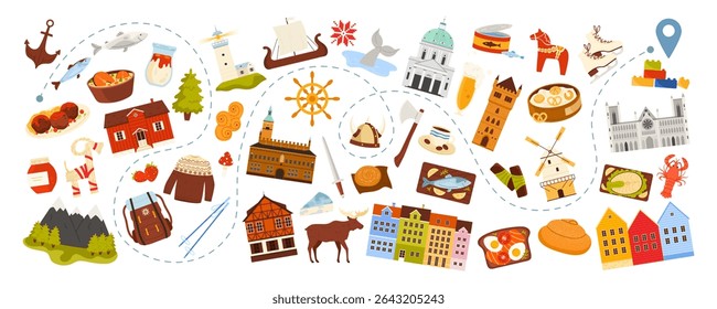 Travel to Scandinavia, Northern European culture elements and landmarks on route of journey. Traditional bryggen houses, food and winter sports, fjords and viking ship cartoon vector illustration