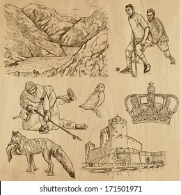 Travel : SCANDINAVIA set no.1 (Denmark, Norway, Sweden and Island). Collection of hand drawn illustrations. Each drawing comprises two or three layers of outlines, the colored background is isolated.